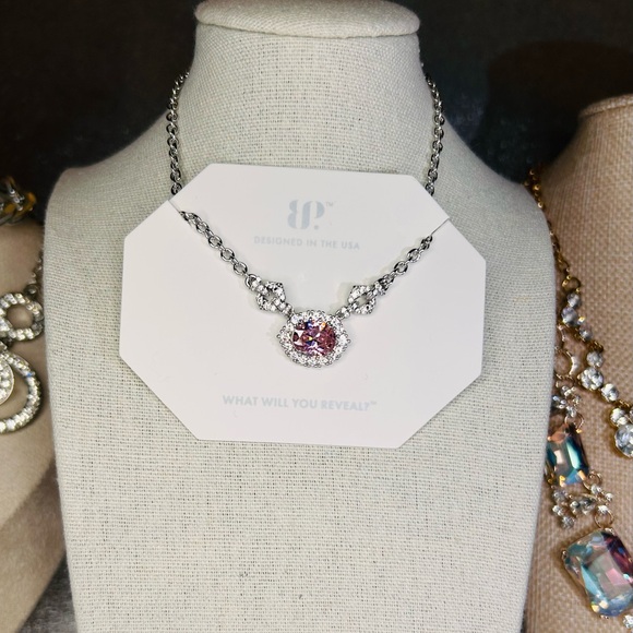 Bomb Party Pink Rose Quartz Necklace on Rhodium New NK86572 - Picture 3 of 7